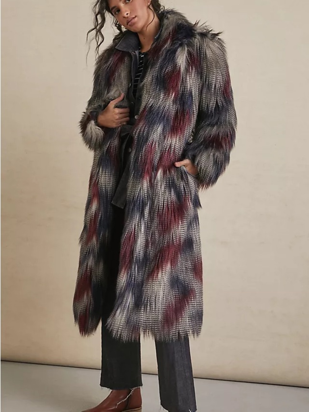 (NWOT) Anthropologie Multi-Color Faux Fur Long Coat
